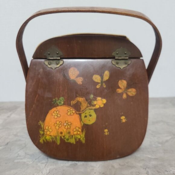 Purse Basket Woven Wood with Decoupage Turtle Butterfly - Picture 1 of 10